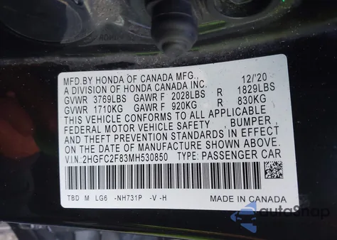 2021 Honda Civic Sport from USA, damaged, VIN 2HGFC2F83MH530850